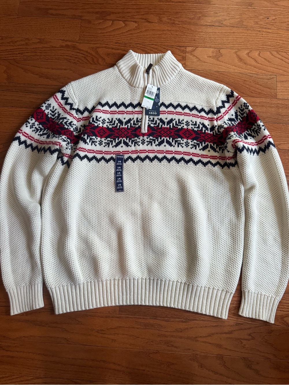 Izod Men’s Cream Half-Zip Sweater with Red and Navy Fair Isle